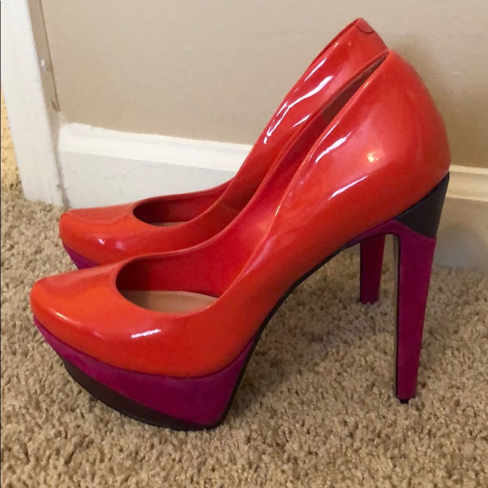 Jessica Simpson orange patent leather pumps.